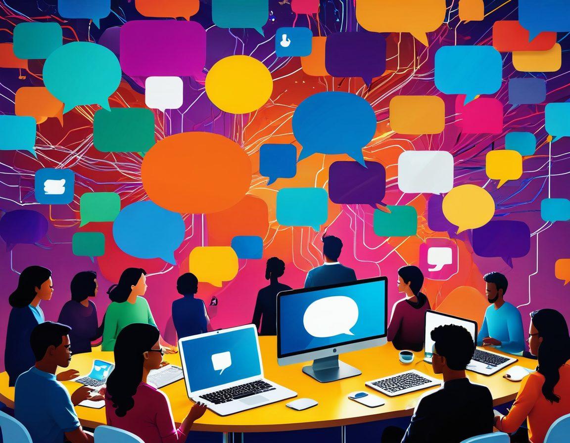 A vibrant digital landscape showcasing diverse avatars interacting through speech bubbles and connection lines, symbolizing communication and community. Incorporate elements like laptops, chat icons, and creative tools, all in a colorful, engaging atmosphere. The background features a blend of virtual environments, such as forums and chat rooms, to represent online engagement. super-realistic. vibrant colors. 3D.
