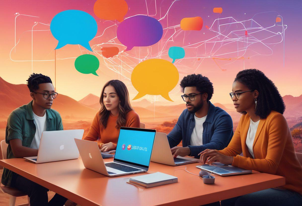 A vibrant digital landscape showcasing diverse individuals engaged in discussions around laptops, with connecting lines symbolizing virtual connections. Include elements like speech bubbles, blog website icons, and a warm, inviting atmosphere to represent community building. The background features a blend of various cultural symbols to highlight diversity. super-realistic. vibrant colors. 3D.